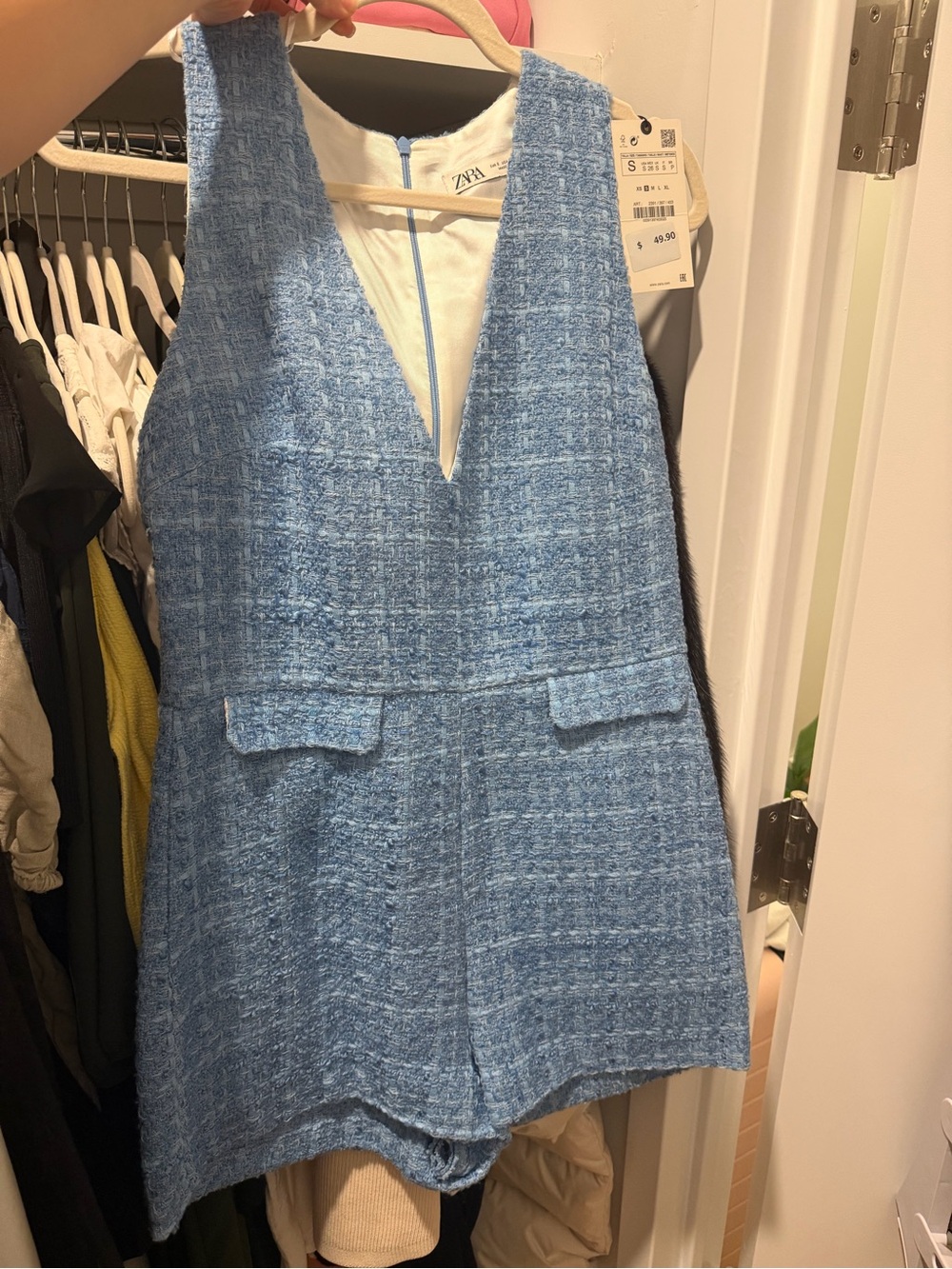 Zara Light Blue Tweed V-Neck Romper
